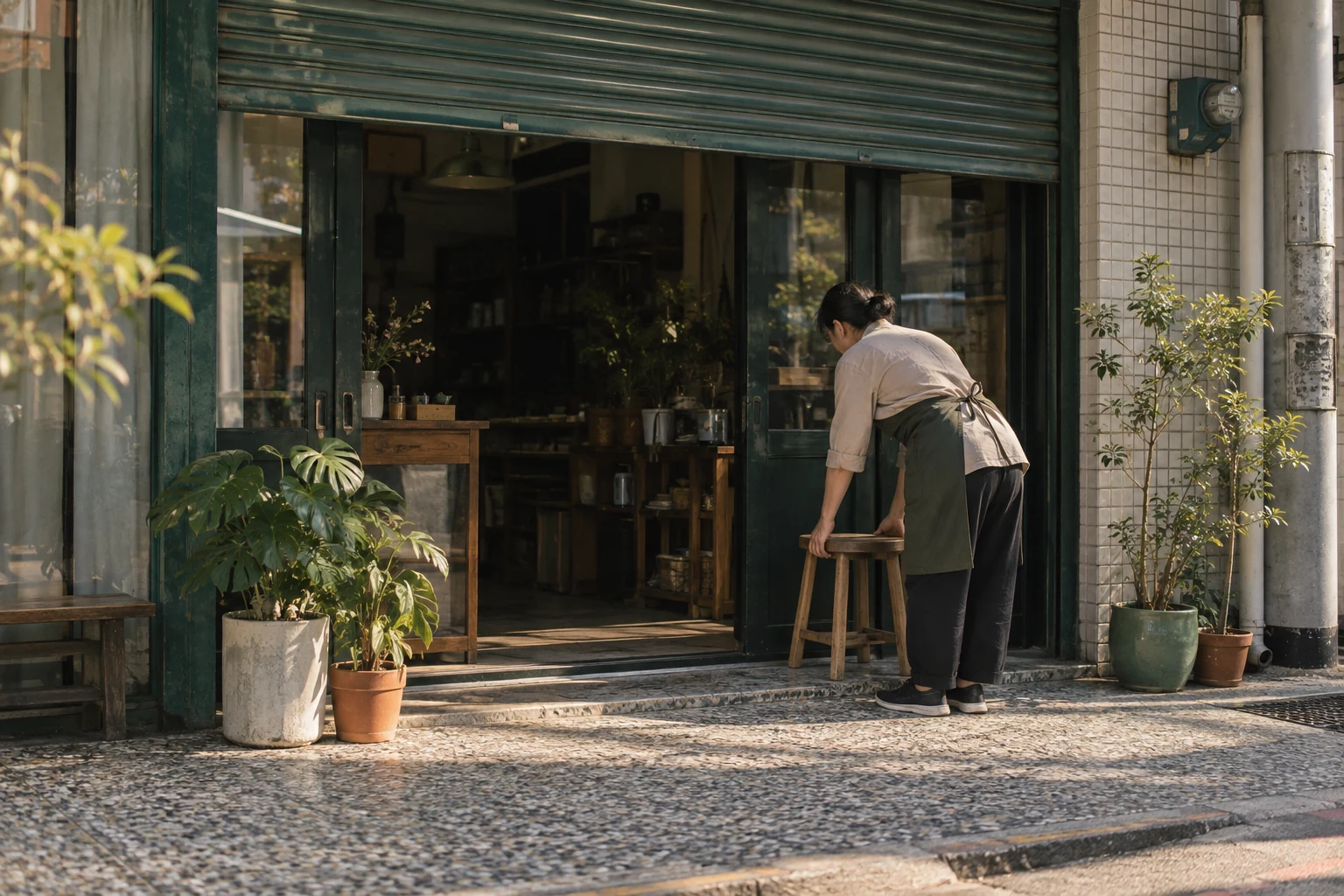 晨光裡,一位職人在台灣街邊小店準備開始一天的工作